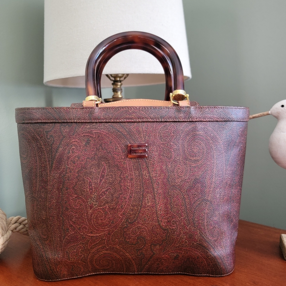 Vintage Etro Paisley Lucite Top Handle Brown Coated Canvas Leather Satchel Bag